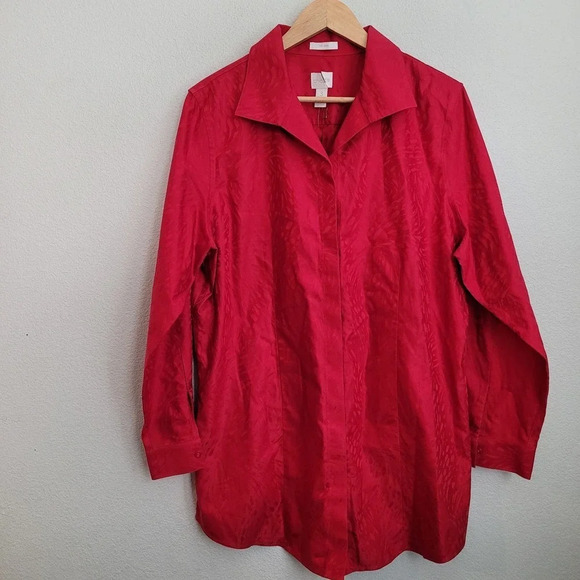 Chico's Women's Button-Up Tunic Top Size L Red 100% Cotton Long Sleeves Collared - Picture 2 of 14